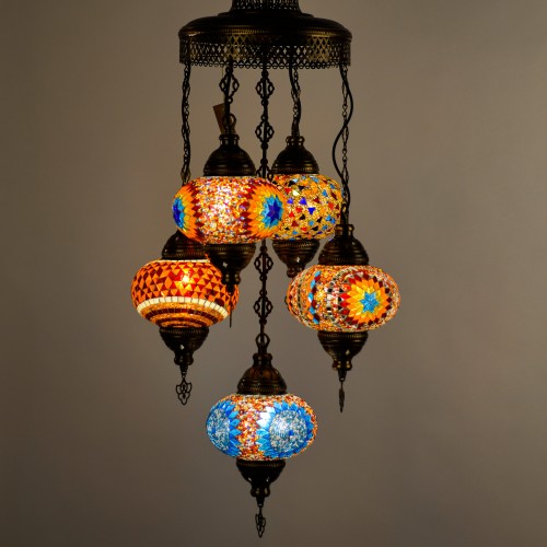 Authentic 5-Piece Ceiling Pendant Chandelier Mosaic Lamp, Domed Set Sultan